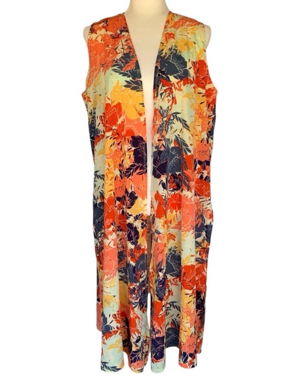 LuLaRoe Joy Orange Floral Print Open Front Sleeveless Vest Duster, Women’s Med